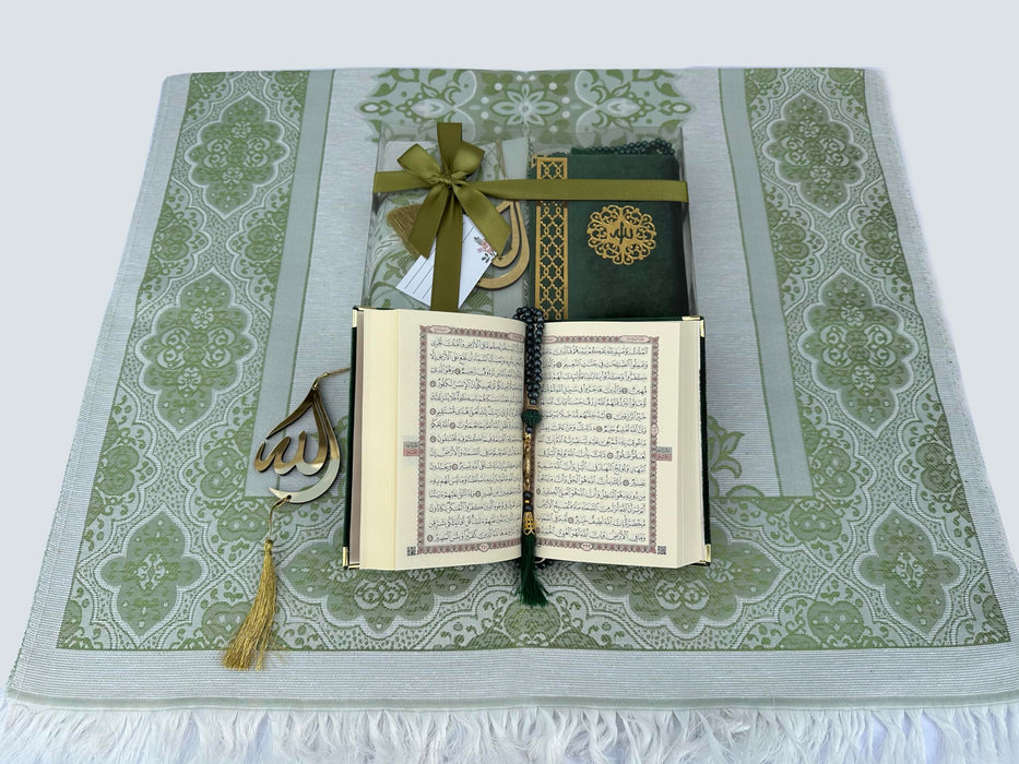 Prayer Rug Gift Set with Thank You Card | Full Arabic Quran | Prayer Rug | Prayer Beads | Car Hanger | Ramadan Eid Wedding Birthday Graduation Mothers Day | Gift for Muslims | Islamic Gift