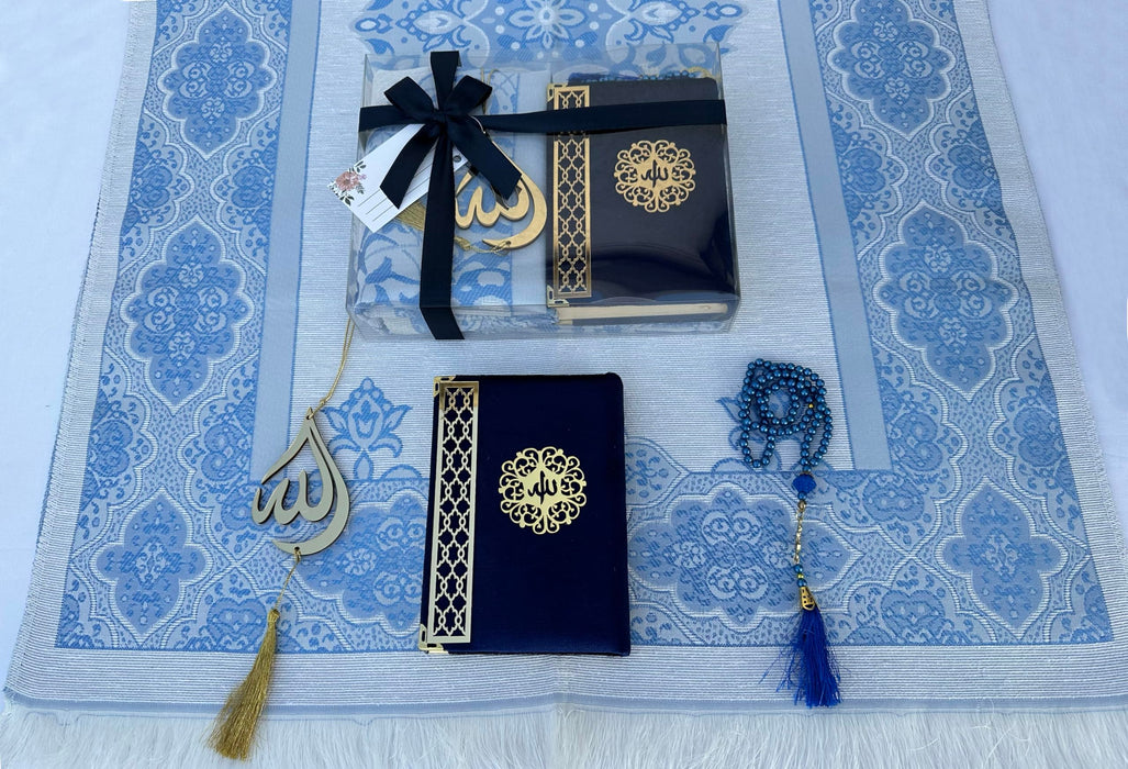 Prayer Rug Gift Set with Thank You Card | Full Arabic Quran | Prayer Rug | Prayer Beads | Car Hanger | Ramadan Eid Wedding Birthday Graduation Mothers Day | Gift for Muslims | Islamic Gift