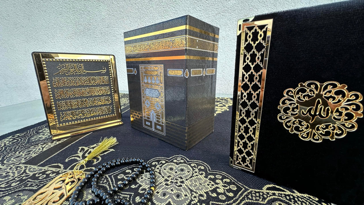 Muslim Prayer Rug Gift Set | Islamic Gift Set | Velvet Full Arabic Quran | Elegant Kaaba Design Box | Ayatul Kursi | Prayer Beads | Bookmark | Janamaz Salah Mat | Gift for Muslims | Ramadan Eid Gift