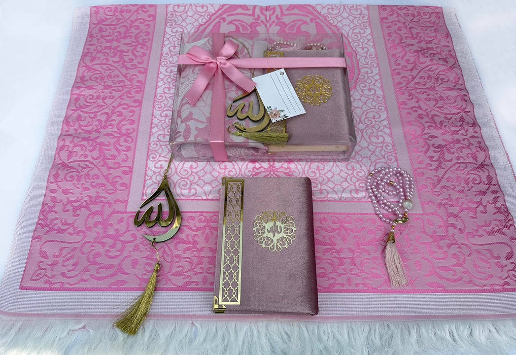 Prayer Rug Gift Set with Thank You Card | Full Arabic Quran | Prayer Rug | Prayer Beads | Car Hanger | Ramadan Eid Wedding Birthday Graduation Mothers Day | Gift for Muslims | Islamic Gift