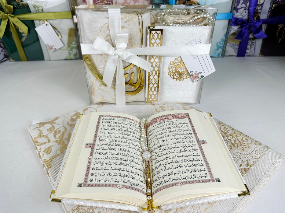 Prayer Rug Gift Set with Thank You Card | Full Arabic Quran | Prayer Rug | Prayer Beads | Car Hanger | Ramadan Eid Wedding Birthday Graduation Mothers Day | Gift for Muslims | Islamic Gift