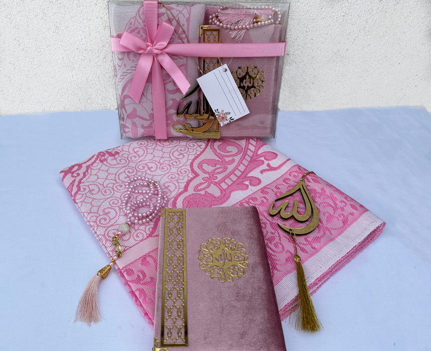 Prayer Rug Gift Set with Thank You Card | Full Arabic Quran | Prayer Rug | Prayer Beads | Car Hanger | Ramadan Eid Wedding Birthday Graduation Mothers Day | Gift for Muslims | Islamic Gift