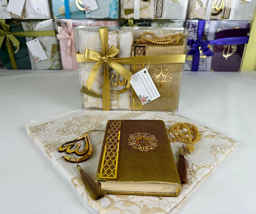 Prayer Rug Gift Set with Thank You Card | Full Arabic Quran | Prayer Rug | Prayer Beads | Car Hanger | Ramadan Eid Wedding Birthday Graduation Mothers Day | Gift for Muslims | Islamic Gift