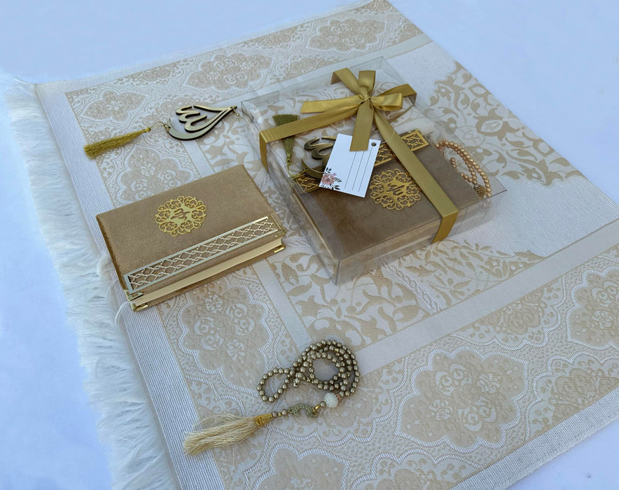 Prayer Rug Gift Set with Thank You Card | Full Arabic Quran | Prayer Rug | Prayer Beads | Car Hanger | Ramadan Eid Wedding Birthday Graduation Mothers Day | Gift for Muslims | Islamic Gift