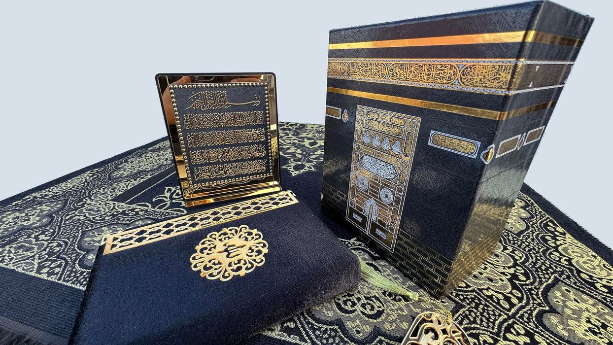 Muslim Prayer Rug Gift Set | Islamic Gift Set | Velvet Full Arabic Quran | Elegant Kaaba Design Box | Ayatul Kursi | Prayer Beads | Bookmark | Janamaz Salah Mat | Gift for Muslims | Ramadan Eid Gift