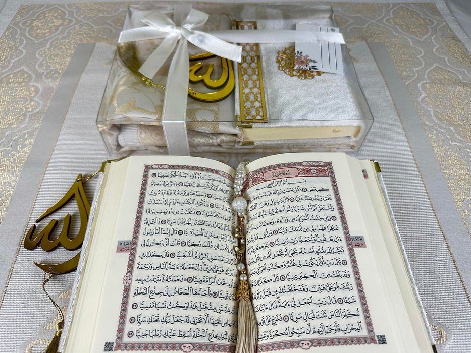 Prayer Rug Gift Set with Thank You Card | Full Arabic Quran | Prayer Rug | Prayer Beads | Car Hanger | Ramadan Eid Wedding Birthday Graduation Mothers Day | Gift for Muslims | Islamic Gift