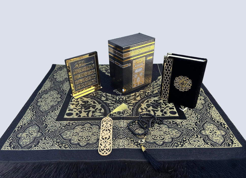 Muslim Prayer Rug Gift Set | Islamic Gift Set | Velvet Full Arabic Quran | Elegant Kaaba Design Box | Ayatul Kursi | Prayer Beads | Bookmark | Janamaz Salah Mat | Gift for Muslims | Ramadan Eid Gift