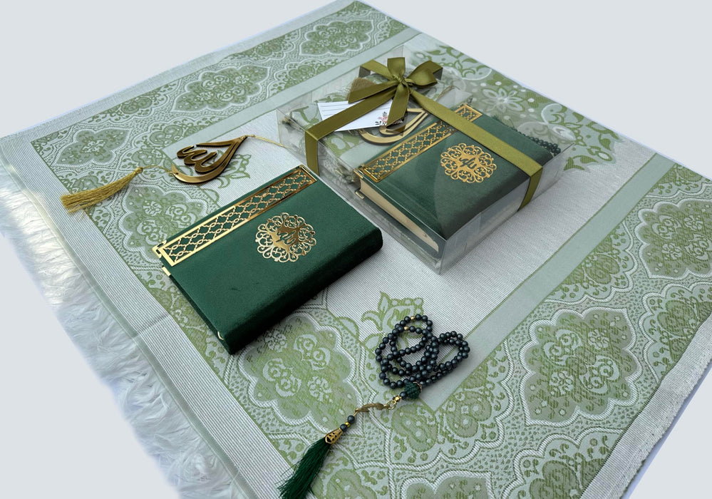 Prayer Rug Gift Set with Thank You Card | Full Arabic Quran | Prayer Rug | Prayer Beads | Car Hanger | Ramadan Eid Wedding Birthday Graduation Mothers Day | Gift for Muslims | Islamic Gift