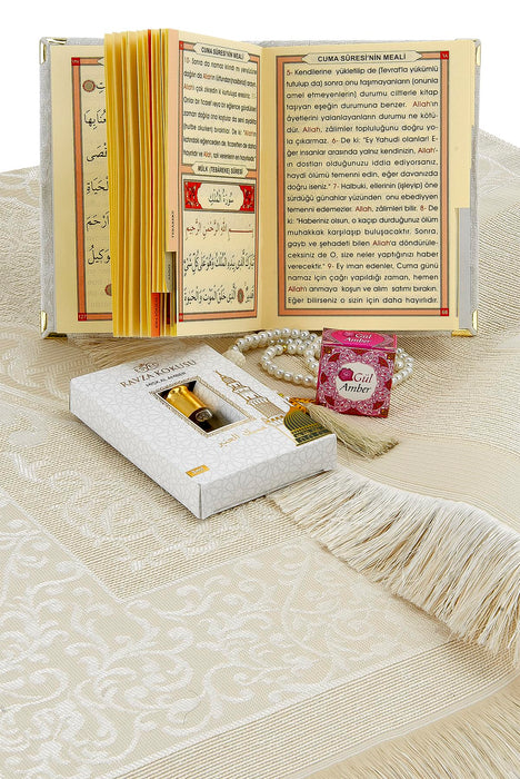 Islamic 6-pc Gift Box Set for Muslims | Includes Yaseen Book, Prayer Mat, Prayer Beads, Fragrance |  Muslim Prayer Rug, Yaseen Book, Prayer Beads Tesbih, Solid Smell, Ravza Scent | 6 Piece Prayers Mat Set for Ramadan | Eid Gifts