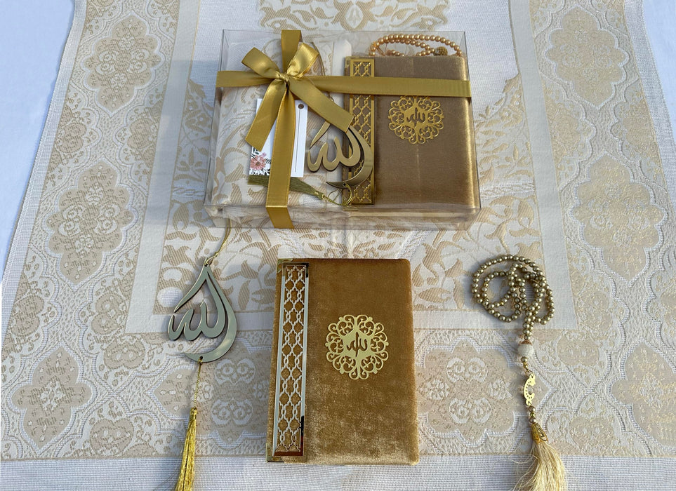 Prayer Rug Gift Set with Thank You Card | Full Arabic Quran | Prayer Rug | Prayer Beads | Car Hanger | Ramadan Eid Wedding Birthday Graduation Mothers Day | Gift for Muslims | Islamic Gift
