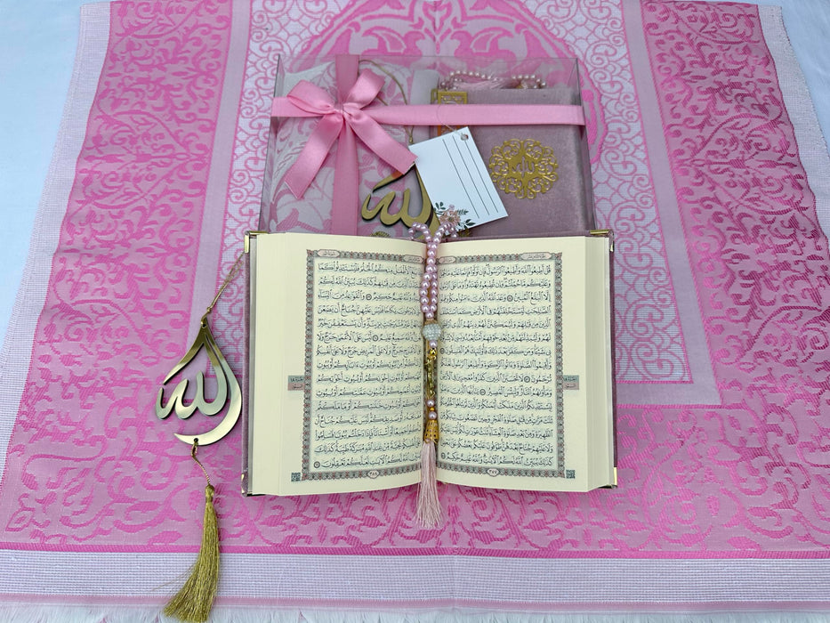 Prayer Rug Gift Set with Thank You Card | Full Arabic Quran | Prayer Rug | Prayer Beads | Car Hanger | Ramadan Eid Wedding Birthday Graduation Mothers Day | Gift for Muslims | Islamic Gift