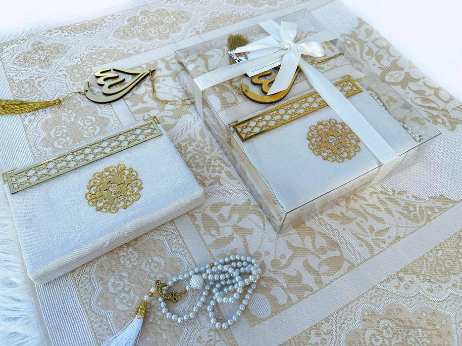 Prayer Rug Gift Set with Thank You Card | Full Arabic Quran | Prayer Rug | Prayer Beads | Car Hanger | Ramadan Eid Wedding Birthday Graduation Mothers Day | Gift for Muslims | Islamic Gift