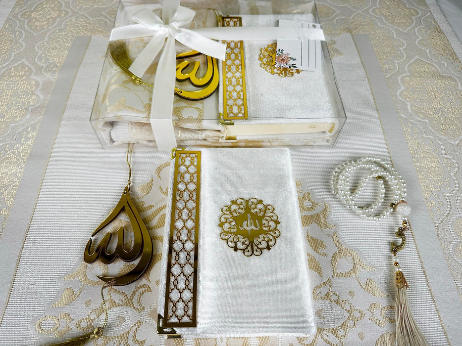 Prayer Rug Gift Set with Thank You Card | Full Arabic Quran | Prayer Rug | Prayer Beads | Car Hanger | Ramadan Eid Wedding Birthday Graduation Mothers Day | Gift for Muslims | Islamic Gift