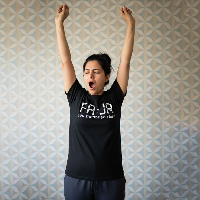 Yawning Desi Pakistani Indian woman in a funny Islamic black t-shirt reading, "Fajr You Snooze You Lose", raising her arms against a patterned wall.