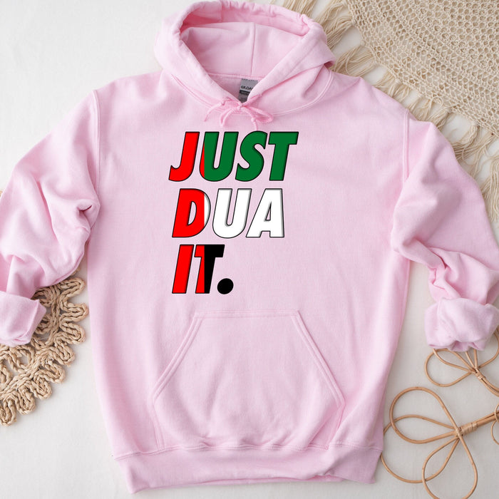 a pink hoodie that says just dua it