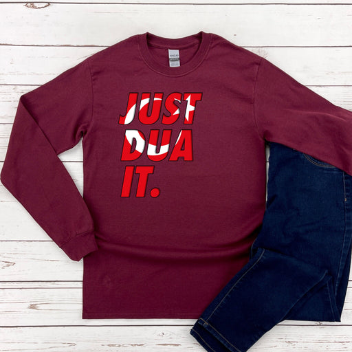 a maroon shirt with the words just do it on it