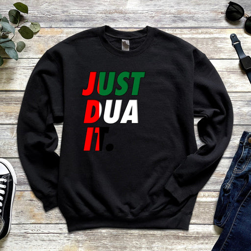 a sweater that says just dua on it