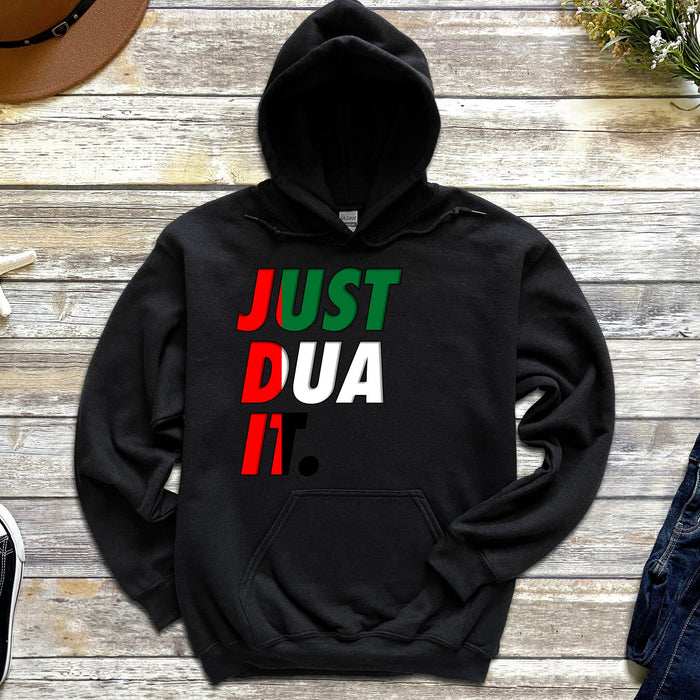 a black hoodie with the words just dua on it